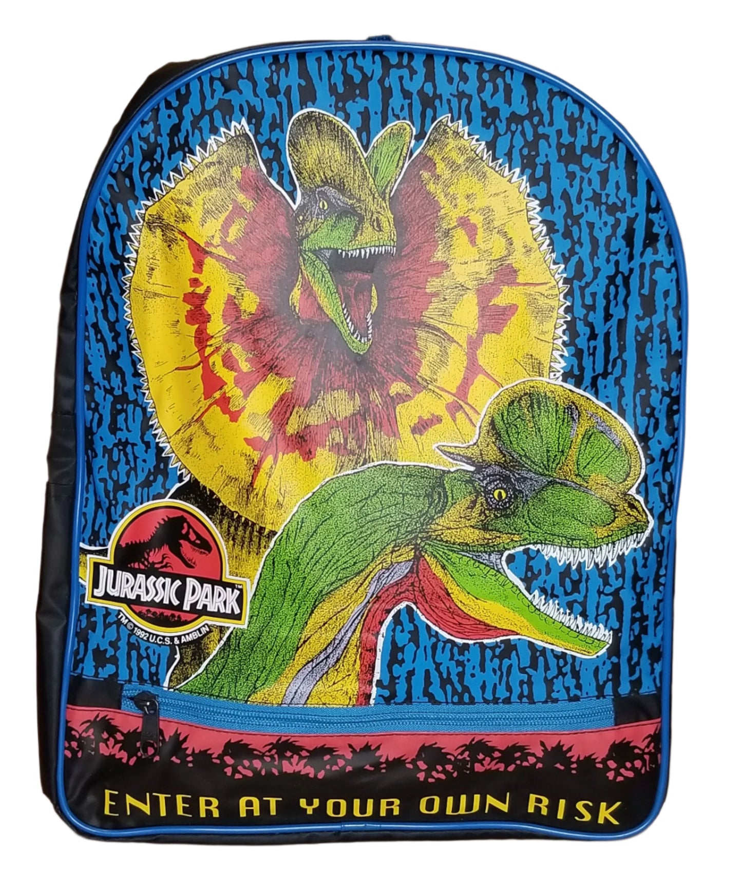 🦖 Vintage Jurassic Park Dilophosaurus Backpack – "Enter at Your Own Risk" 🦖