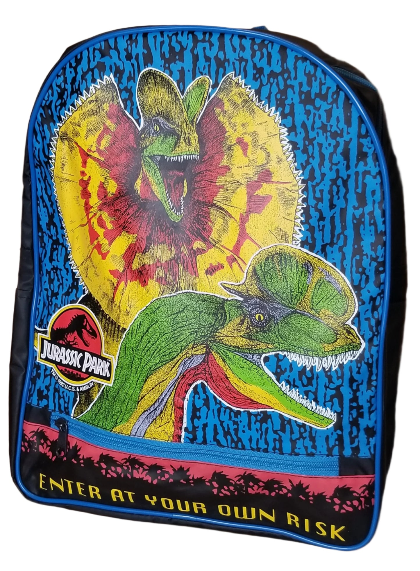 🦖 Vintage Jurassic Park Dilophosaurus Backpack – "Enter at Your Own Risk" 🦖