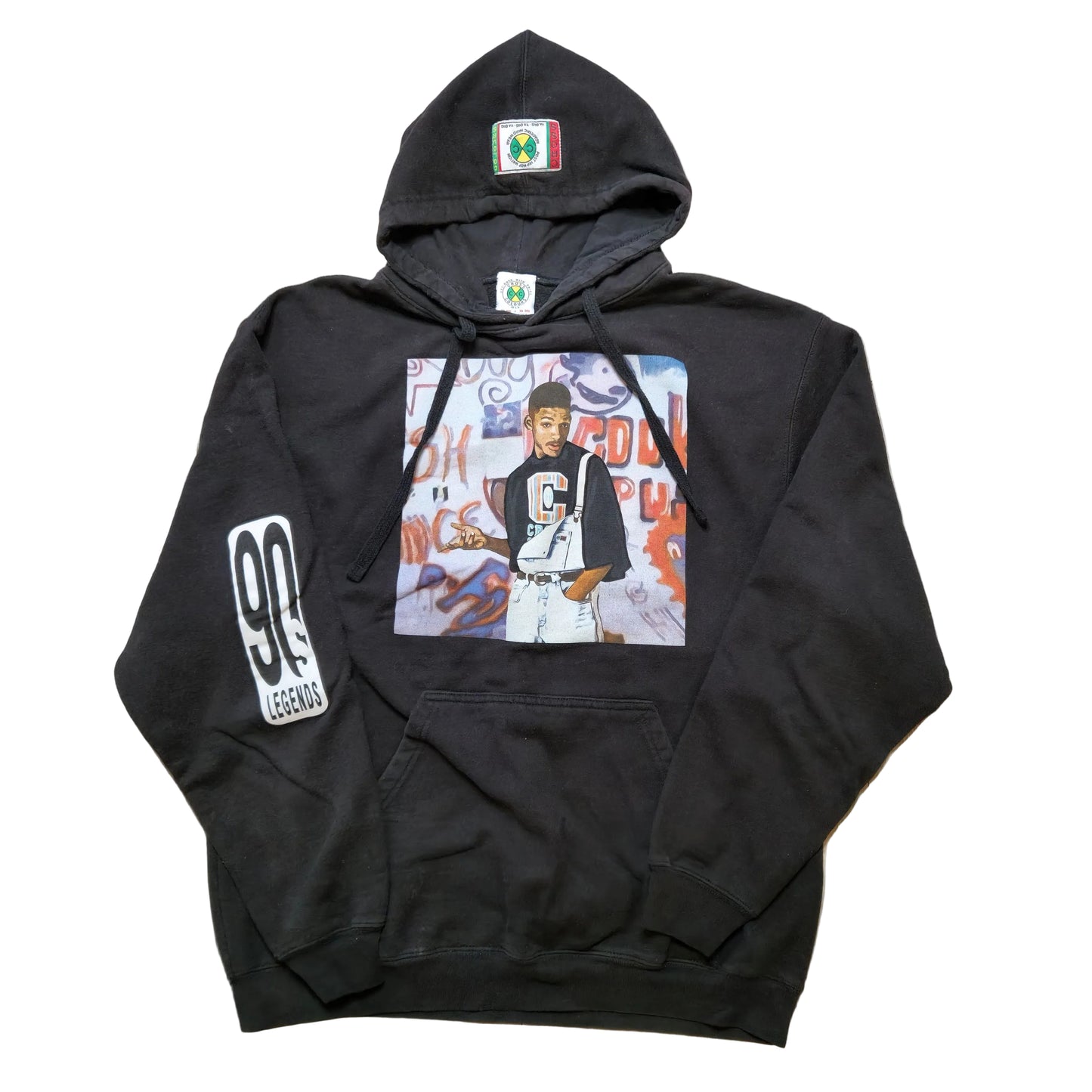 Black hoodie with graphic design on a wooden floor