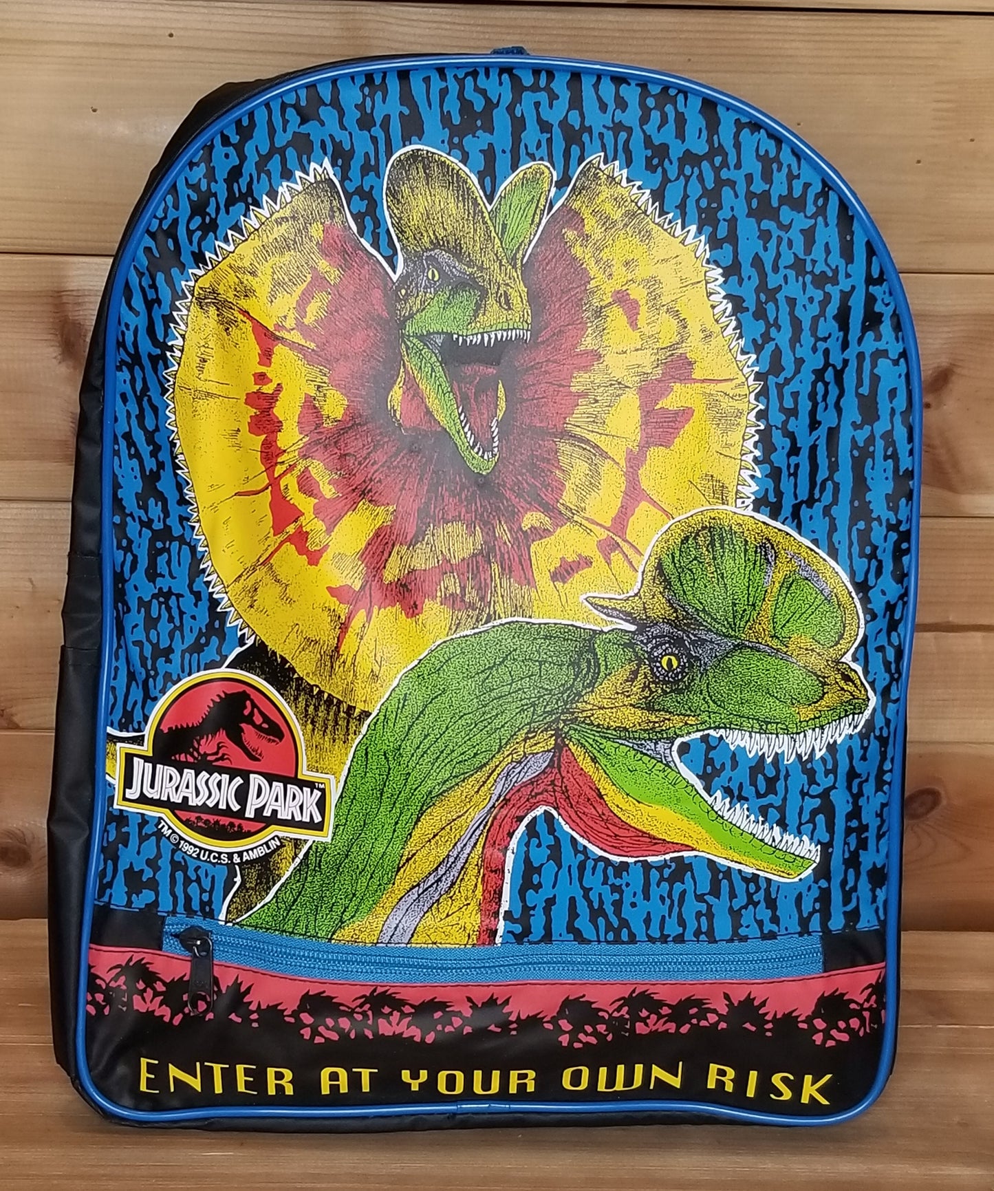 🦖 Vintage Jurassic Park Dilophosaurus Backpack – "Enter at Your Own Risk" 🦖