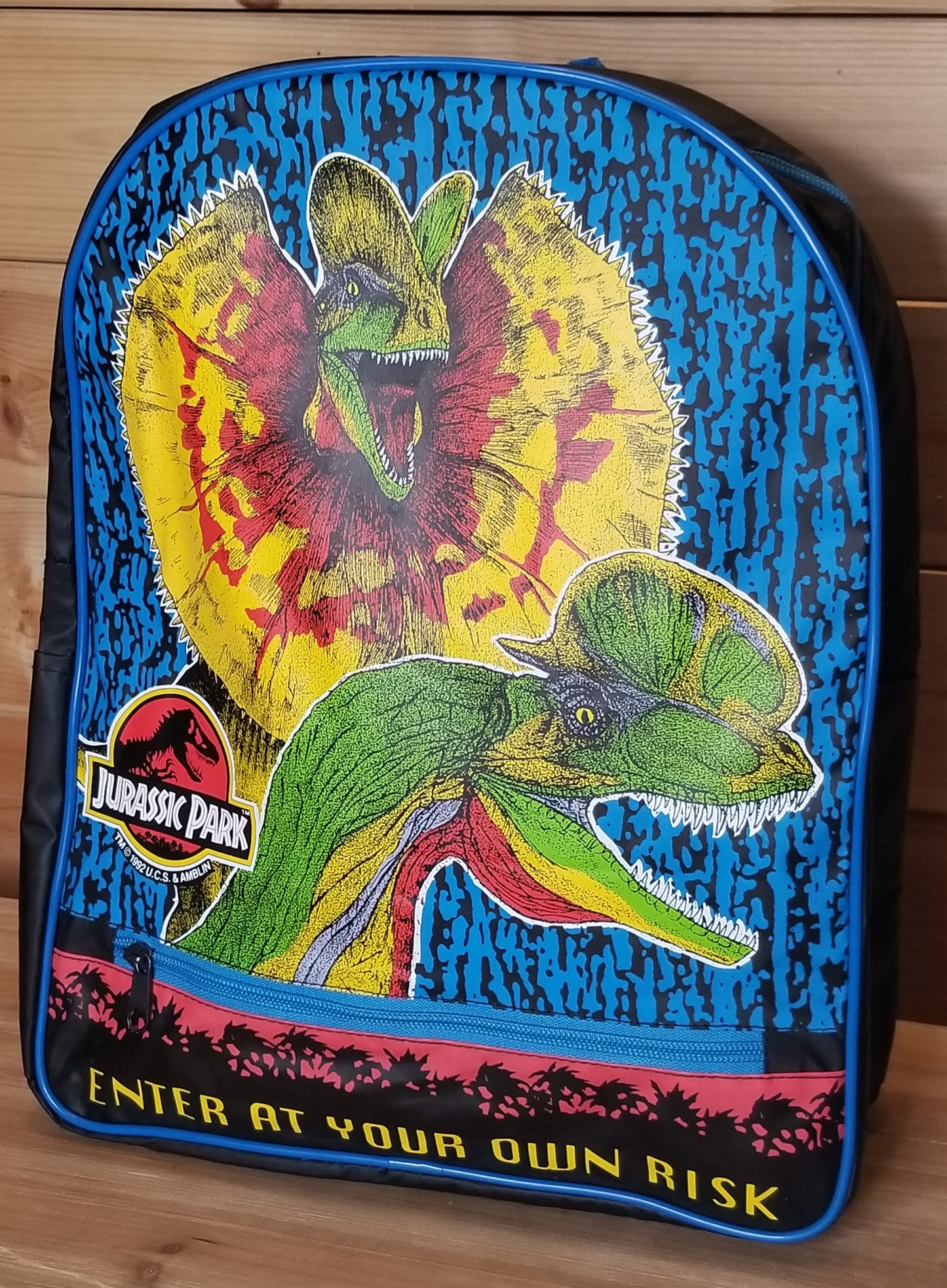 🦖 Vintage Jurassic Park Dilophosaurus Backpack – "Enter at Your Own Risk" 🦖